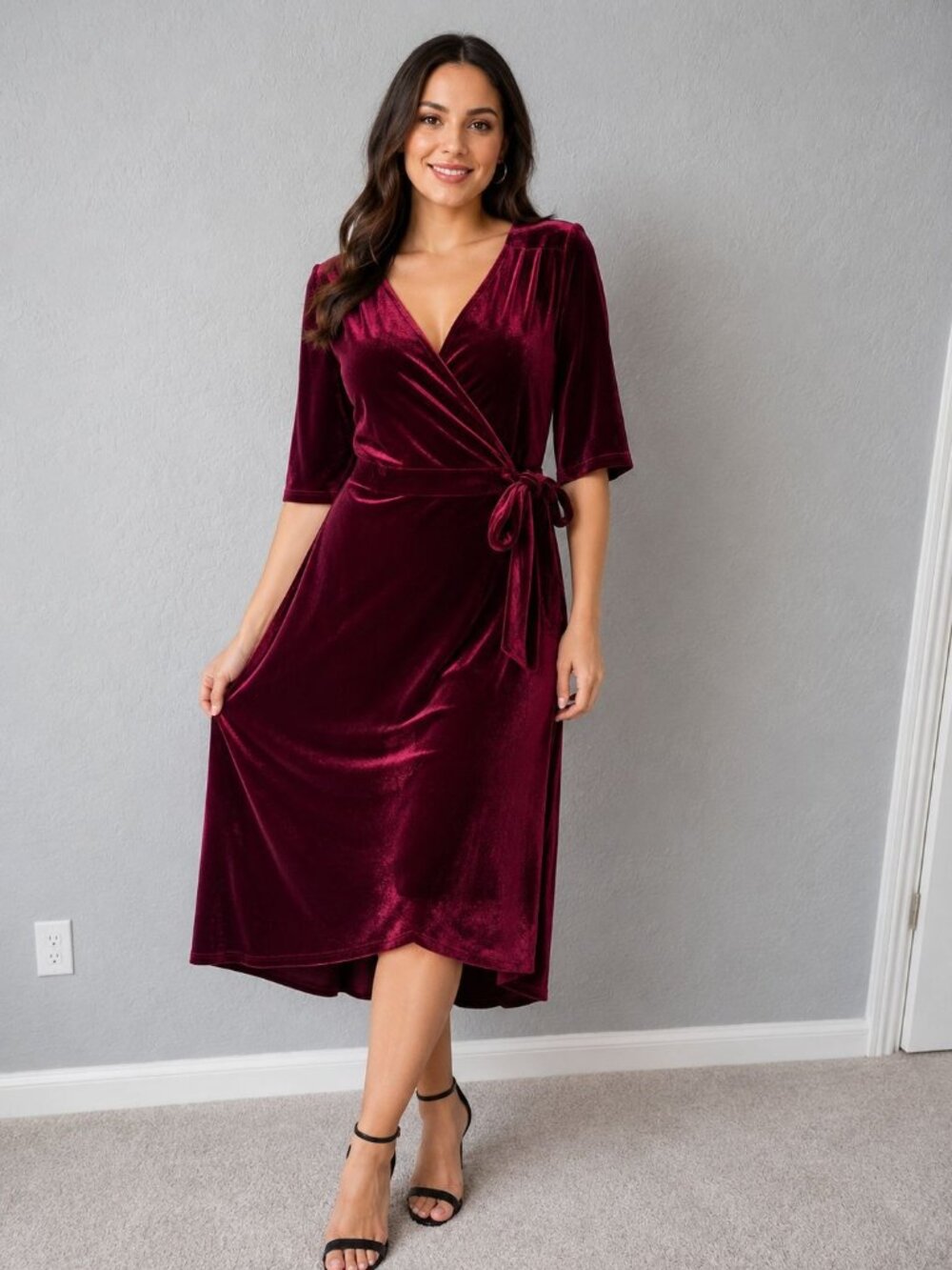 Red Velvet Wrap dress Cocktail dress featuring a V-neckline and tie waist Size L